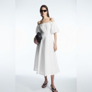 COS OFF-THE-SHOULDER PUFF-SLEEVE MIDI DRESS